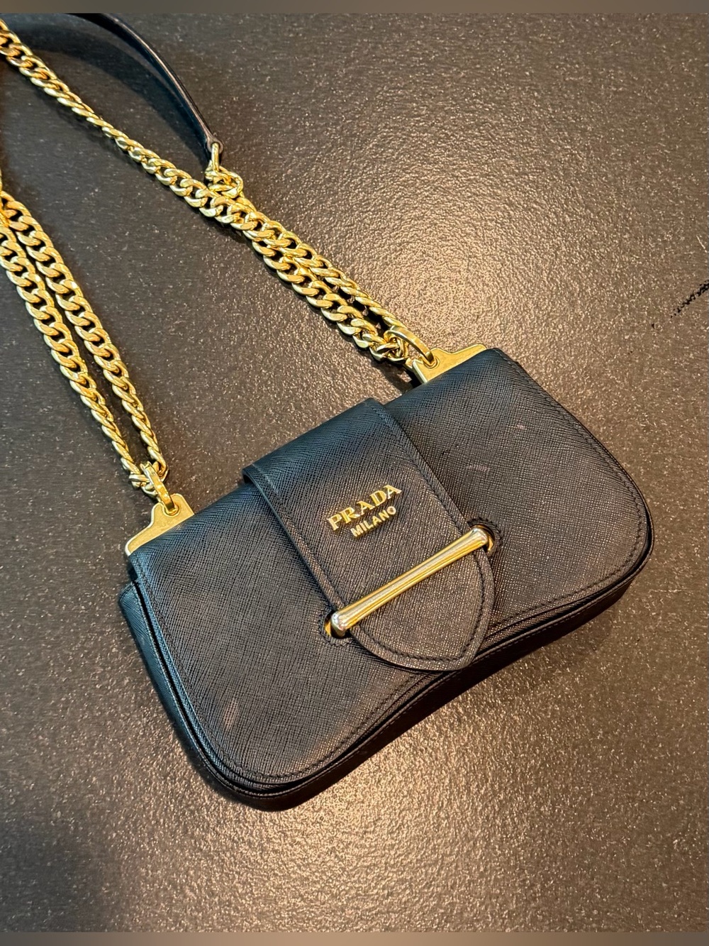 Prada Sidonie Black Saffiano Leather Gold Chain Shoulder Crossbody Designer Bag - Picture 9 of 17